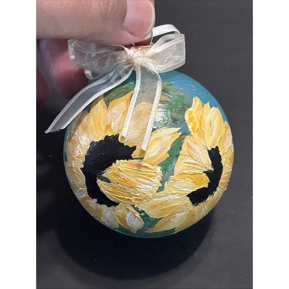 Hand-Painted Ball Ornaments Set 4 Vibrant Sunflower Christmas Thanksgiving